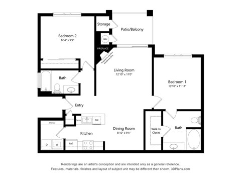 Floor plan for 2 beds, 2 baths, 1022 sqft